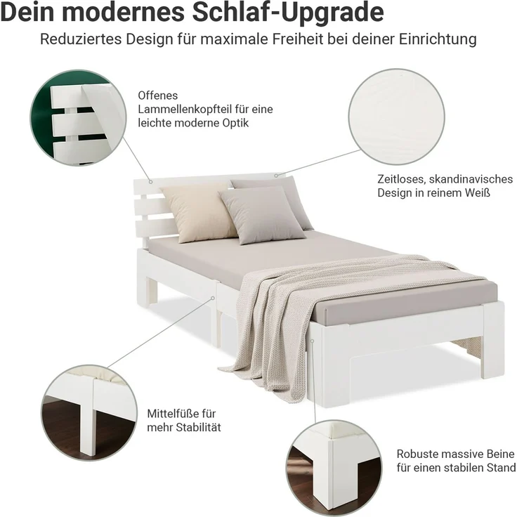 Einzelbett Holzbett 90x200 mit Lattenrost Weiß Kiefer Bett Bettgestell Massivholz – Bild 4