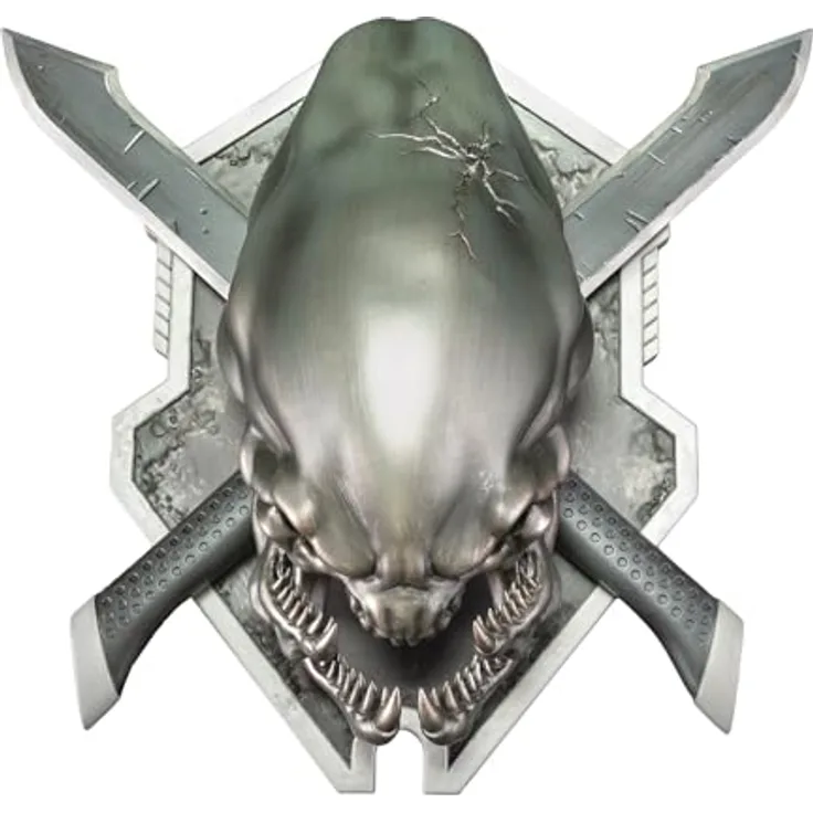 Dark Horse Halo Legendary Icon Skulptur, Grunt Sized Edition mit Elite-Schädel auf gekreuzten Kampfmessern, rotguss-grau, 25,4 cm hoch