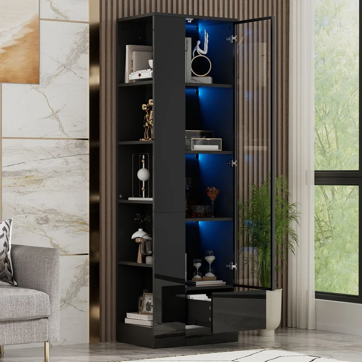 Glasvitrine 50 x 35 x 160 cm aus Spanplatte und Glas mit LED, Hochglanz in Schwarz – Bild 3