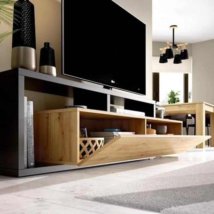 Dmora - TV-Ständer Maiella, niedriges Sideboard für Wohnzimmer, Sideboard für Wohnzimmer für Fernseher, 165 x 40 x 47 cm, Eiche Nodes und Anthrazit – Bild 4
