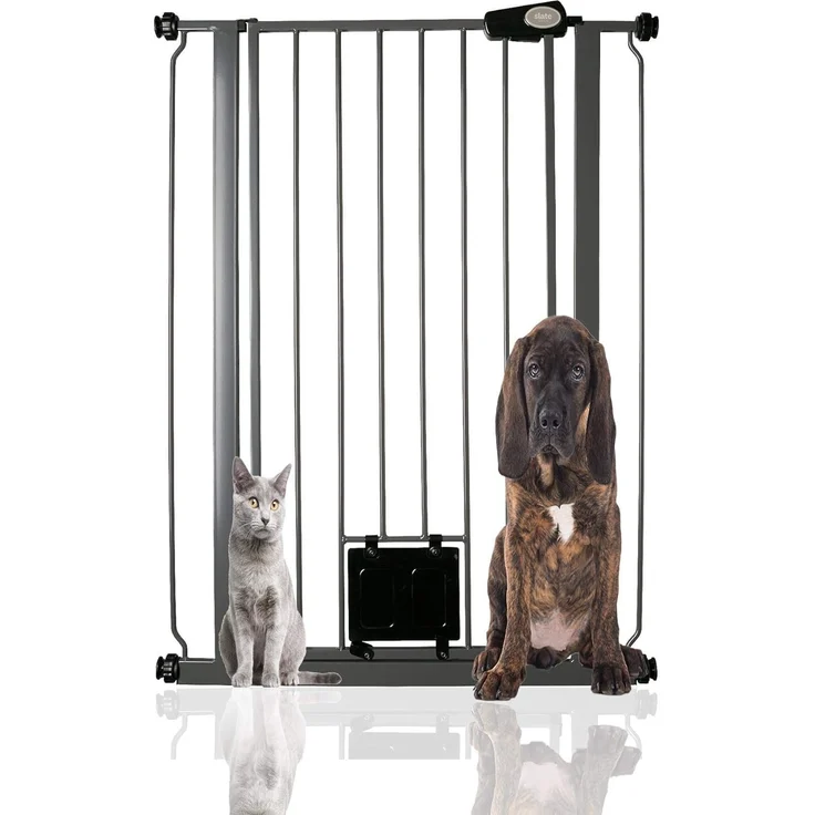 Bettacare Haustiergitter mit Verriegelbarer Katzenklappe, 75cm - 84cm, Schiefergrau, 104cm in der Höhe, Extra Hohes Haustier Sicherheitsgitter mit Katzenklappe, Einfache Installation