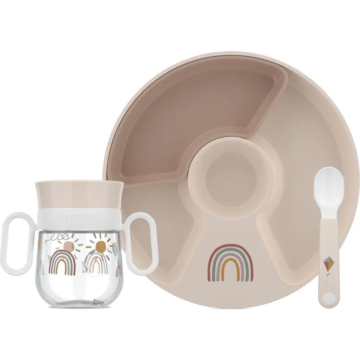 Mepal - Babygeschirr Set Mio - Inklusive auslaufsicherem Trinklernbecher, Kinderteller mit Unterteilung & Lernlöffel - Spülmaschinengeeignet & BPA frei - 3-teilig Set - Sunshine & Rainbow