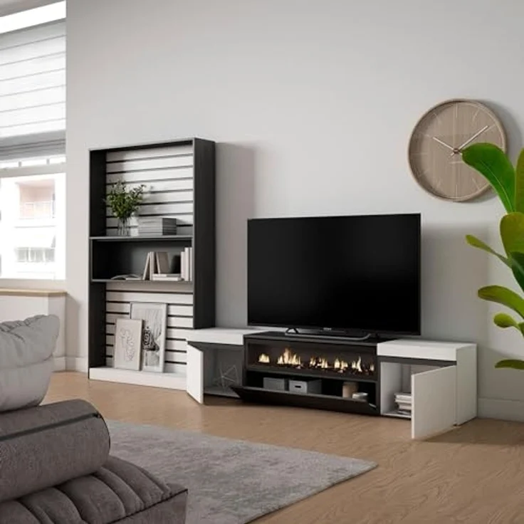 Skraut Home TV-Möbel | Esstisch-Set | 210 x 186 x 35 cm | für Fernseher bis 80 Zoll | elektrischer Kamin | moderner Stil | Schwarz und Weiß – Bild 4
