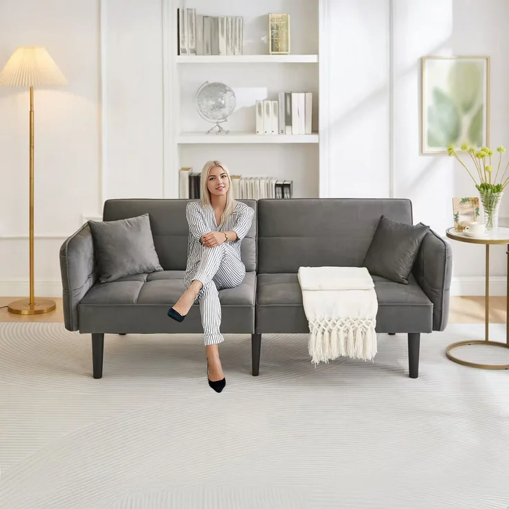 Schlafsofa Samt 2-in-1 verstellbar, mit klappbaren Armlehnen,Sofabett mit Massivholzfüßen & 2 Kissen,Grau – Bild 4