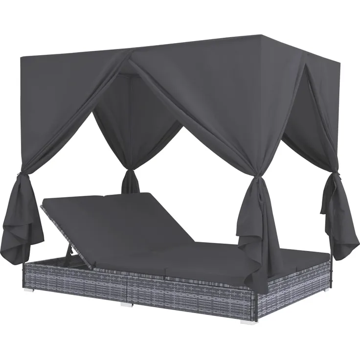 vidaXL Outdoor-Lounge-Bett mit Vorhängen Poly Rattan Grau 45647