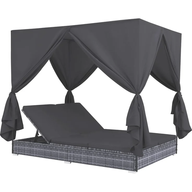 vidaXL Outdoor-Lounge-Bett mit Vorhängen Poly Rattan Grau 45647 – Bild 1