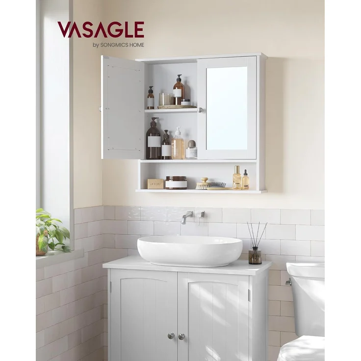 Vasagle Spiegelschrank 2 Spiegeltüren und Ablage, verstellbare Regalebene, 13 x 56,5 x 58,5 cm, weiß – Bild 2