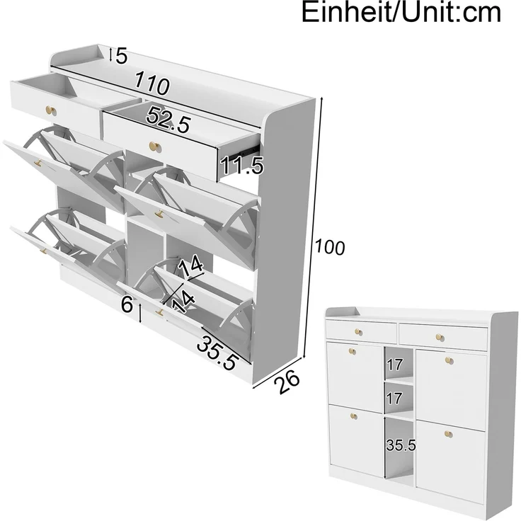 Schuhschrank mit 4 Klapptüren, 2 Schubladen & 3 Fächern, 110x26x100 cm, Weiß – Bild 10
