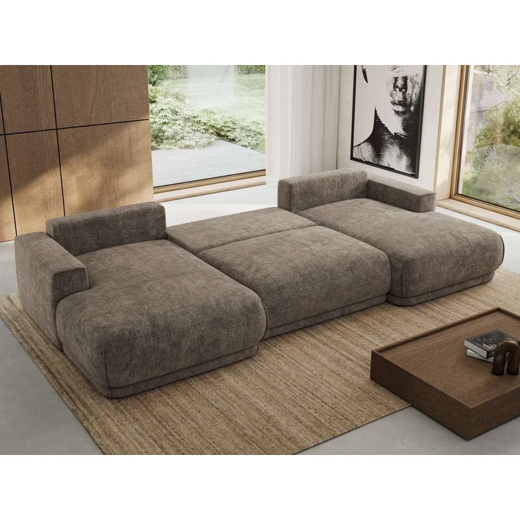 XXL Wohnlandschaft RINA U-Form 360 cm breit, Sofa mit Schlaffunktion & DL-Mechanismus, Wellenfederung, modern freistehend - Braun Schenille grob gewebt – Bild 4