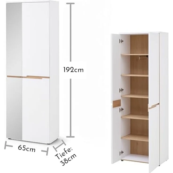 Stella Trading Memphis Garderobenschrank mit Spiegel in Weiß, Artisan Eiche Optik - Flurgarderoben Schrank mit viel Stauraum - 65 x 192 x 38 cm (B/H/T) – Bild 3