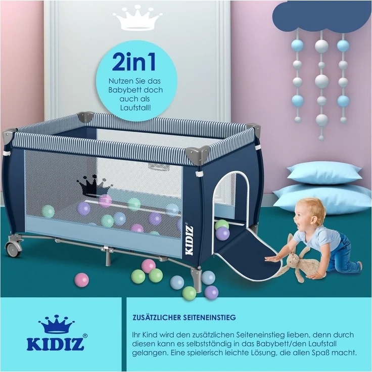 KIDIZ® Babybett 3 in 1 Reisebett Kombi Set Baby Bett mit Wickelauflage Moskitonetz Laufstall Baby ab Geburt bis 15 kg luftige Seitenwände mit Seiteneingang Tragetasche zusammenklappbar Blau – Bild 2