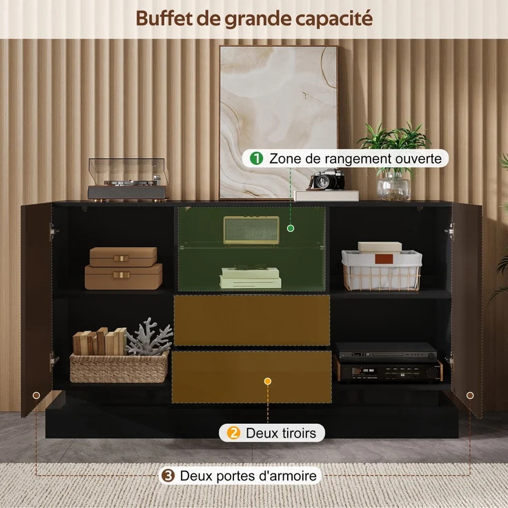 ZUBALIYA Sideboard 140x40x80 cm, mit LED-Beleuchtung, Hochglanz, mit 2 Türen, aus Spanplatte, Schwarz – Bild 14