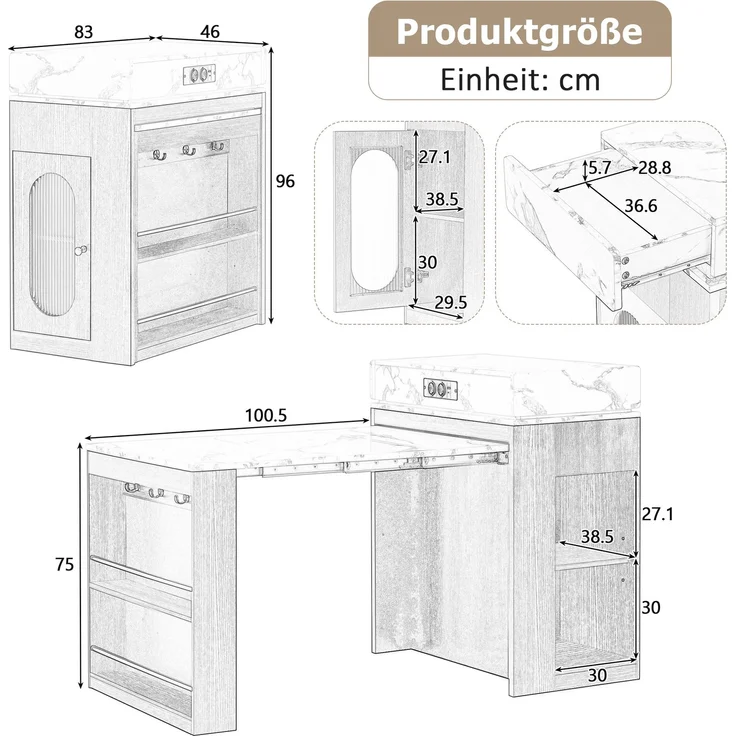 Merax Kücheninsel mit Rollen, Ausziehbarer Esstisch mit faltbarer Tischplatte, Bartisch mit Steckdosenleisten und Haken, dient als Kücheninsel, Sideboard oder Bartisch(Schwarz) – Bild 4