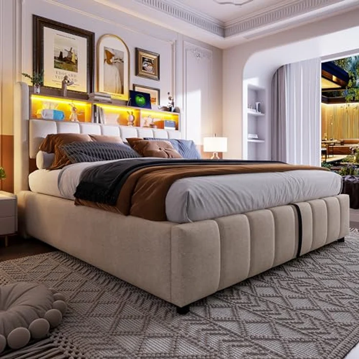 Ball & Cast Polsterbett (180x200 cm) mit USB-Anschluss und Lichtleiste, Hydraulische Lagerfunktion + Weicher Kantenschutz, Einfach & Zeitsparend Montierbar, Leinenstoff Beige – Bild 7