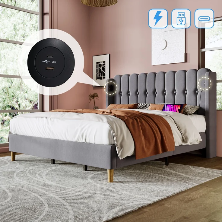 Einzelbett 180x200 cm Grau Leinen mit USB & Type-C Ladeanschluss,gepolstertes Kopfteil,Design-Paneel,stabiler Rahmen – Bild 6