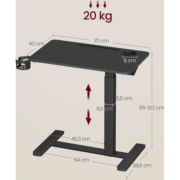 VASAGLE Beistelltisch mit Rollen, mobiler Stehtisch, 70x40 cm große Tischplatte, verstellbare Höhe, 2 Getränkehalter, Schlitz für Handy oder Tablet, tintenschwarz LSD600B01 – Bild 6