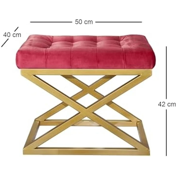 Atelier Del Sofa Stylish Pouffe with Metal Frame, 50 cm x 42 cm x 40 cm | 100% Polyester Babyface Fabric in Gold & Red | Perfect for Modern Living Rooms & Bedrooms – Bild 2
