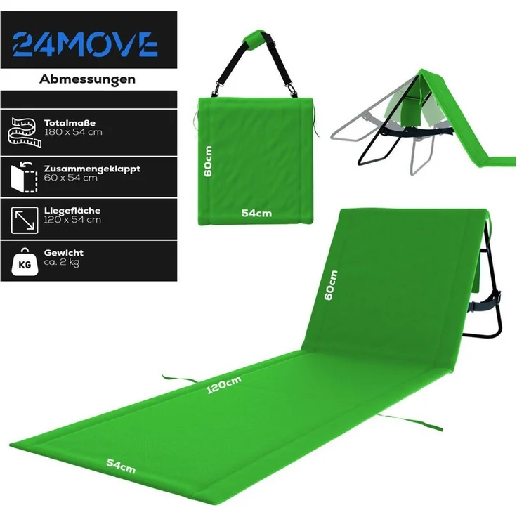 24Move Strandtuch, Strandmatte Set, Klappbare Campingliege, Tragetasche, (für Urlaub oder Garten), faltbar Tasche und Gurt, 2er Set, grün, Strandtuch – Bild 3