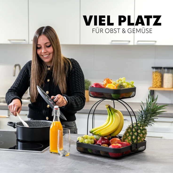 eluno Obstschale 2-stöckig mit Bananenhalter aus schwarzem Metall, Metall, (1-tlg) – Bild 2