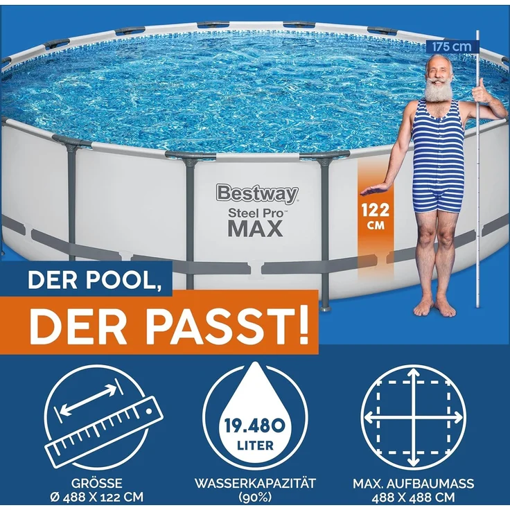 Bestway Steel Pro MAX Frame Pool Komplett-Set mit Filterpumpe Ø 488 x 122 cm , lichtgrau, rund – Bild 3