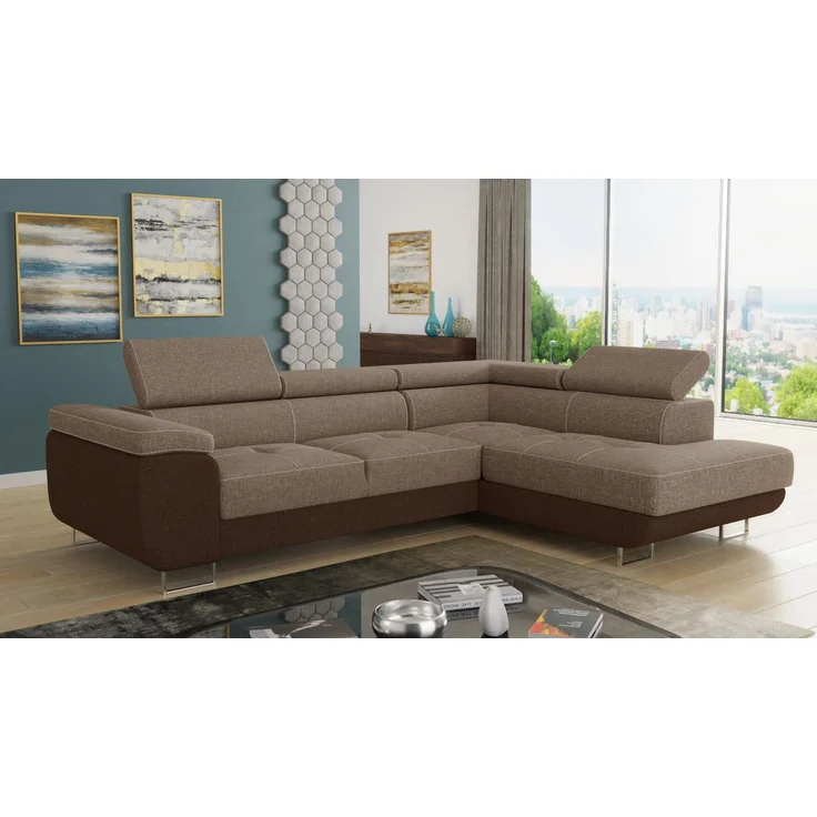Ecksofa Caris mit Schlaffunktion, Bettkasten und einstellbare Kopfstützen (Braun + Cappuccino (Sawana 16 + Sawana 02), Ecksofa Rechts) – Bild 1