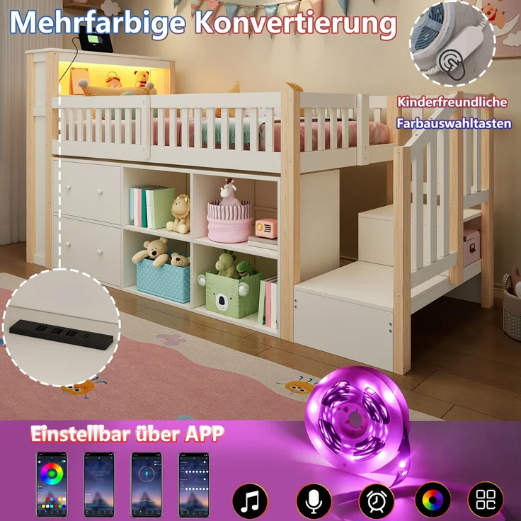 Hochbett, 90 x 200 cm, mit Schubladen, Staufächern, trapezförmigem Schrank, LED-Beleuchtung, Matratze nicht enthalten,Natur – Bild 7