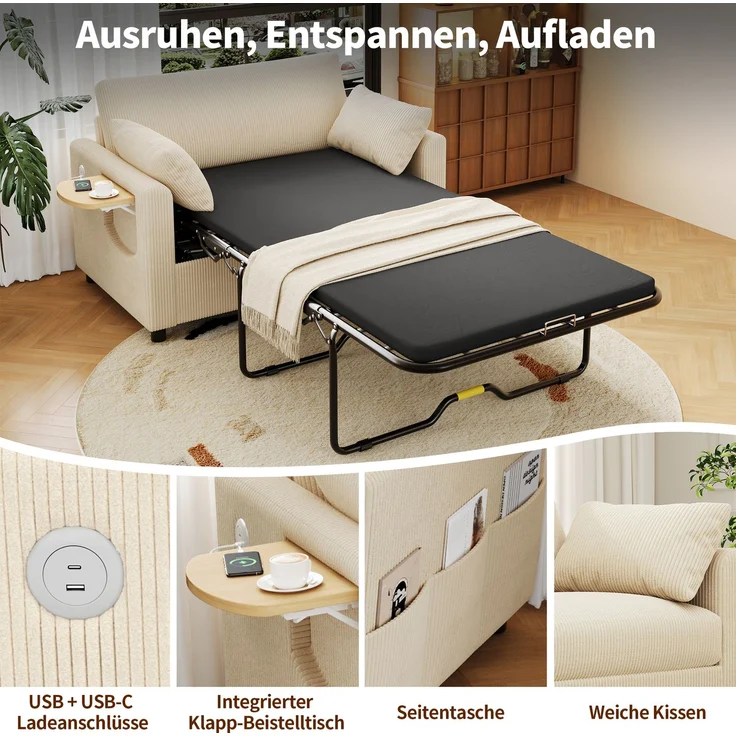 Schlafsofa 134/223x82x84 cm in Beige, Cord mit Schlaffunktion, Matratze, USB/USB-C und klappbarem Seitentisch – Bild 7