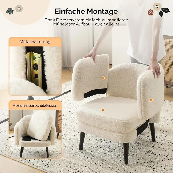 Sessel Cocktailsessel Loungesessel Clubsessel 113kg Teddy-stoff Weiß – Bild 6