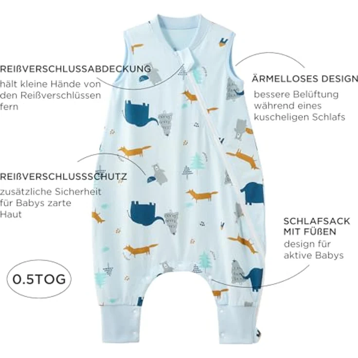 Duomiaomiao Schlafsack mit füßen, Sommerschlafsack mit füßen,100% Baumwolle Baby,Sommerschlafsäcke Baby 0.5 tog mit Atmungsaktiv, Cartoon-Elefant – Bild 4