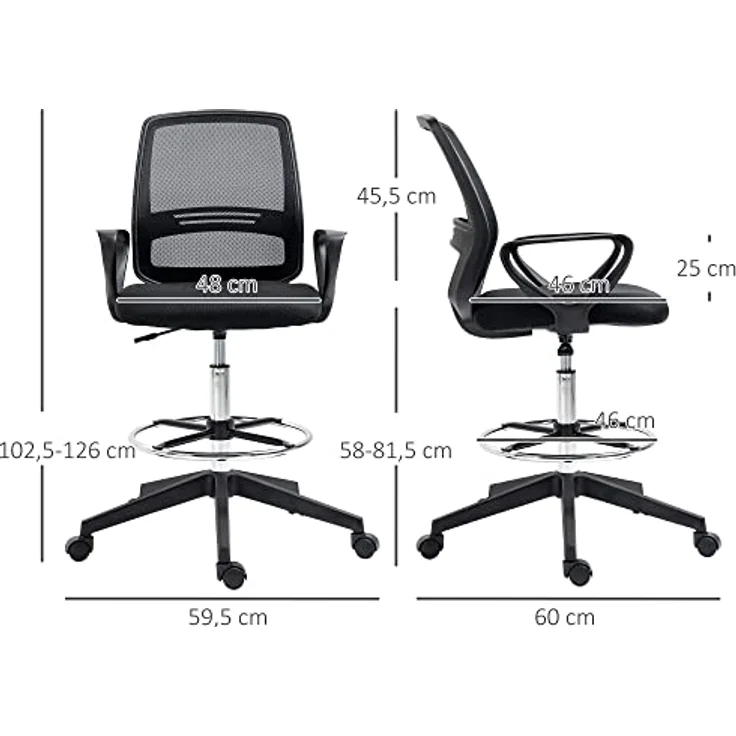 Vinsetto Drehstuhl, Schwarz, mit atmungsaktivem Netzgewebe, individuell einstellbarer Sitzhöhe und dick gepolstertem Sitz, L59,5 x T60 x H102,5–126 cm – Bild 3
