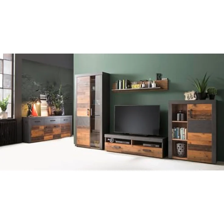 trendteam smart living - Indy - Kommode - Grau/Eiche - Highboard-Schrank mit 2 Türen, 4 Glasböden, 1 Konstruktionsboden und 3 Einlegeböden - (BxHxT) 87 x 189 x 34 cm - antikfarbene Griffe – Bild 5