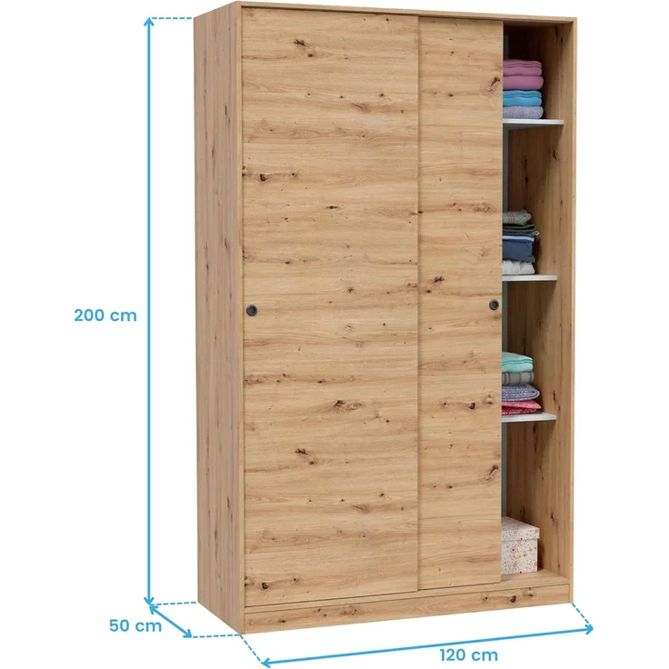 Habitdesign, Kleiderschrank mit 2 Schiebetüren – moderner Schwebetürenschrank für Schlafzimmer oder Jugendzimmer in Eiche Nodi, viel Stauraum, Maße: 120 x 200 x 50 cm (B x H x T), Modell Enzo – Bild 7