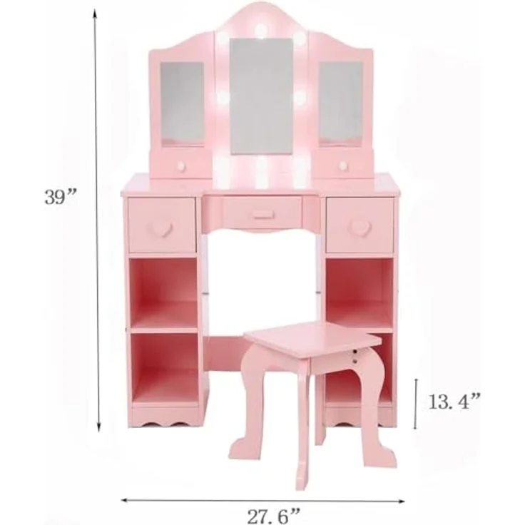 GarveeLife Schminktisch für Kinder, Schminktisch mit Hocker, 3 LED-Spiegel und 5 Schubladen, Schminktisch aus Holz für kleine Mädchen von 3 bis 6 Jahren – 70 x 34 x 100 cm, Rosa – Bild 2
