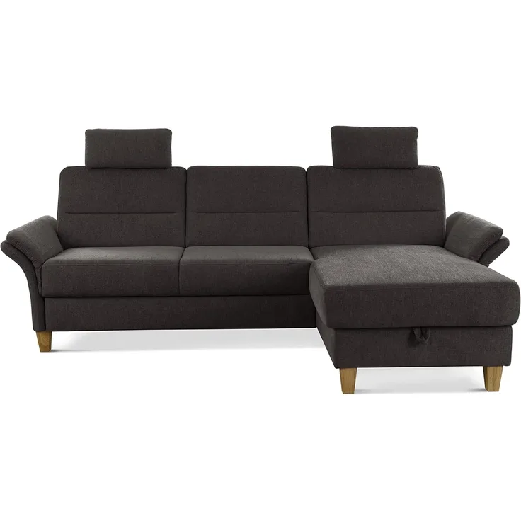 CAVADORE Ecksofa Wyk mit Federkern / Schlafsofa im Landhaus-Stil mit Longchair, Bett, Bettkasten, Armteilfunktion + 2 Kopfstützen / 252 x 90 x 162 / Chenille, Braun
