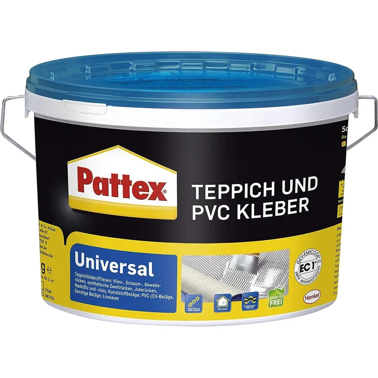 Pattex Teppich und PVC Kleber Universal, starker Kleber für PVC-Beläge & Teppiche, Teppichkleber für Fußbodenheizung geeignet, stuhlrollenfester Klebstoff, 1x4kg