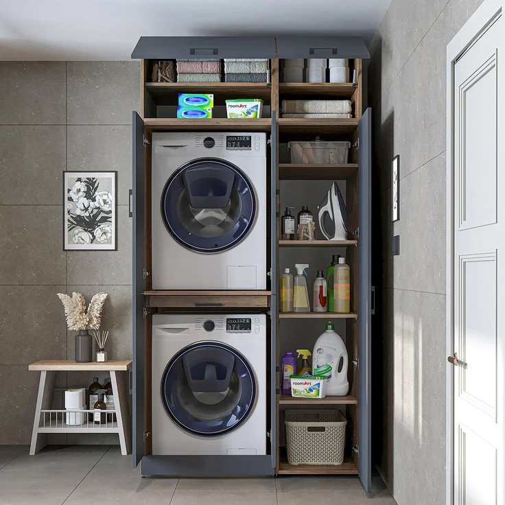 Roomart Waschmaschinenschrank - DORA-I- 115 cm breit - Wasch- & Trocknerschrank mit Türen & Ausziehbrett, Waschmaschinen-Überbau für Waschküche & Hauswirtschaftsraum • Anthrazit-Eiche – Bild 3