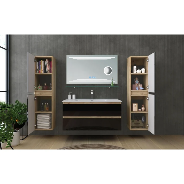 Homeline Badmöbel Set Eiche/Schwarz Kaiser Hochglanz 90cm Spiegel incl LED (90, 7, 3X Seitenschränke) – Bild 3