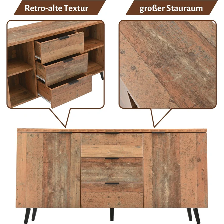 ZUBALIYA Kommode 140x35x70 cm, mit verstellbaren Einlegeböden, aus Spanplatte, Antikbraun – Bild 18