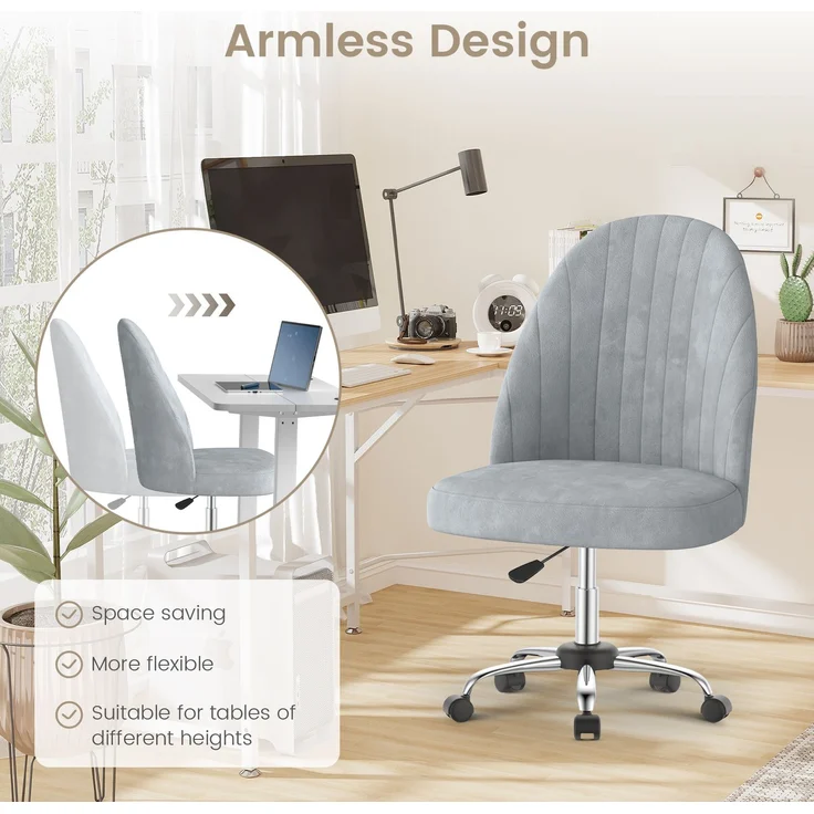 Botifly Bürostuhl ohne Armlehnen, Samt, Grau, 8 cm Polsterung, 360° Drehbar – Bild 6