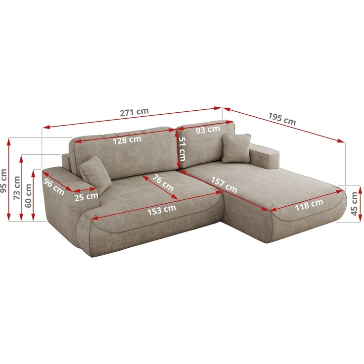 Ecksofa OVO mit schlaffunktion und bettkasten, Wellenfeder, lose Kissen, L-form 271x195 cm - Beige Struktur - rechte Seite – Bild 6