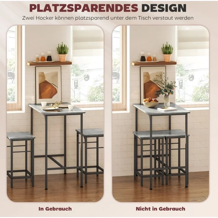 Bartisch-Set 80 x 50 x 87 cm mit 2 Hockern – Stahlrahmen in Grau – Bild 6