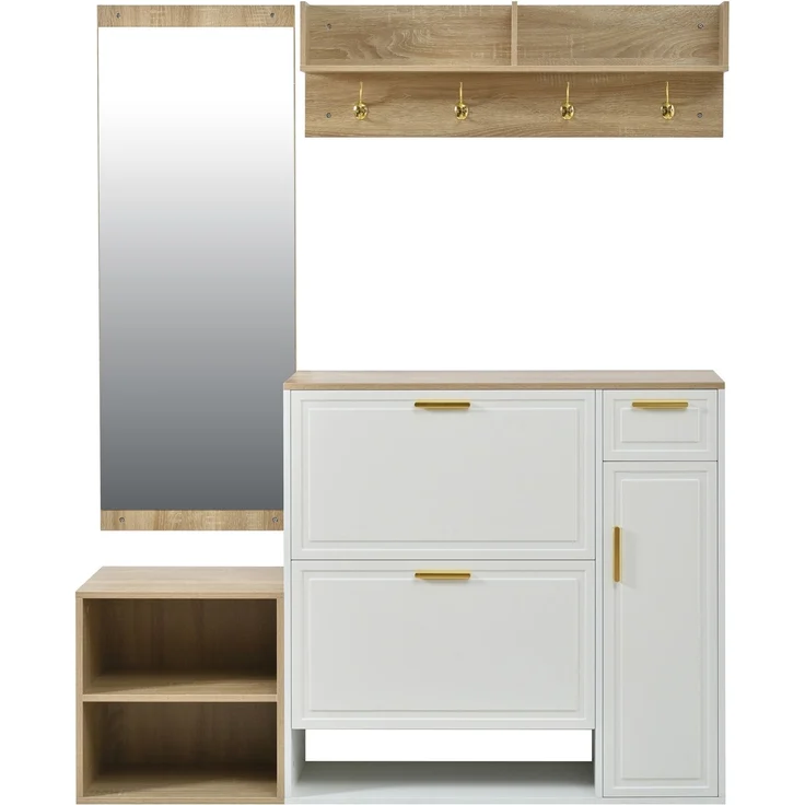 Garderoben-Set 139,5x35x166 cm in Weiß und Natur mit Schuhschrank, Sitzbank, Wandgarderobe und Spiegel – Bild 4
