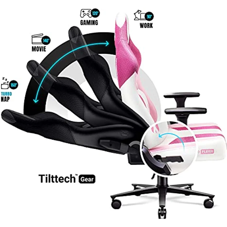 Diablo X-Player Gaming Stuhl Bürostuhl Schreibtischstuhl Stoff 3D Armlehnen Ergonomisches Design Nacken/- Lendenkissen Marshmallow Pink Normal (L) – Bild 6