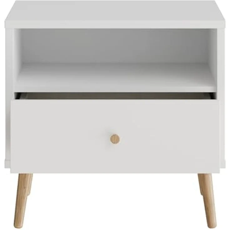 Forte HARLLSON Nachtschrank 60, Mid-Century-Modern Stil, leichte Montage Dank EasyKlix by Forte, 1 Schublade und 1 Ablage, Holzwerkstoff, Weiß, 59,8 cm breit x 57,7 cm hoch x 41,5 cm tief – Bild 5