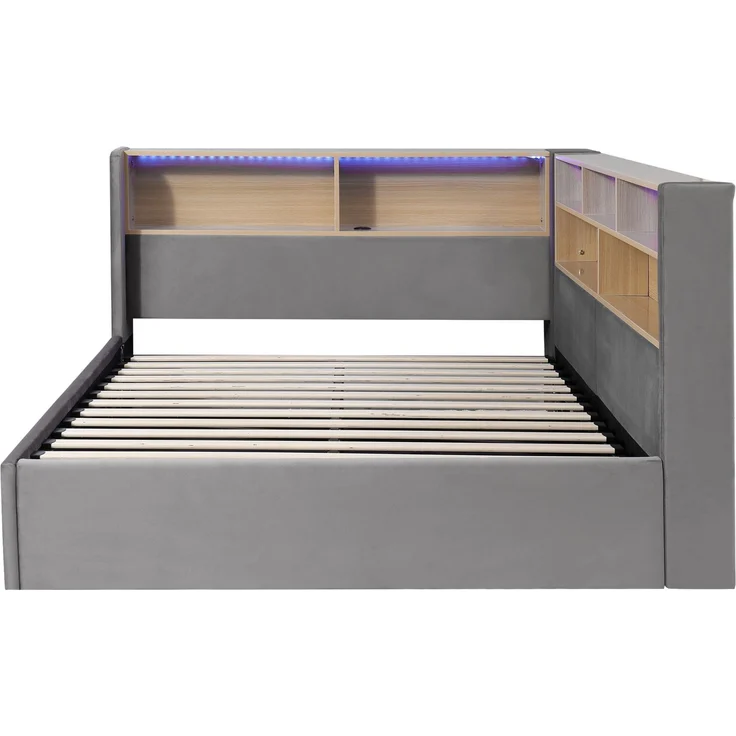 Daybett 140x200 cm mit hydraulischem Stauraum, Polsterbett, Tagesbett, Schlafsofa mit LED, USB & Rückenlehne, Samt, grau – Bild 9