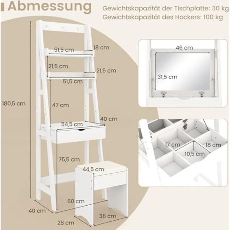 COSTWAY 3 in 1 Schminktisch & Leiterregal & Schreibtisch mit Klappspiegel und 3 Haken, Frisiertisch mit 2 Ablagen und 6 Fächern, Makeup Tisch mit Hocker, Kosmetiktisch weiß – Bild 3