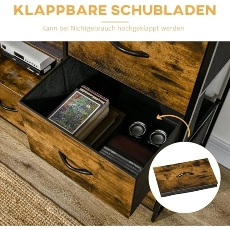 HOMCOM Kommode Sideboard mit 3 Schubladen aus Stoff, Regal und Griff (Regal und Griff, 1 St, Aufbewahrungsschrank mit Industrial Design), für Wohnzimmer Rustikal-Braun – Bild 5
