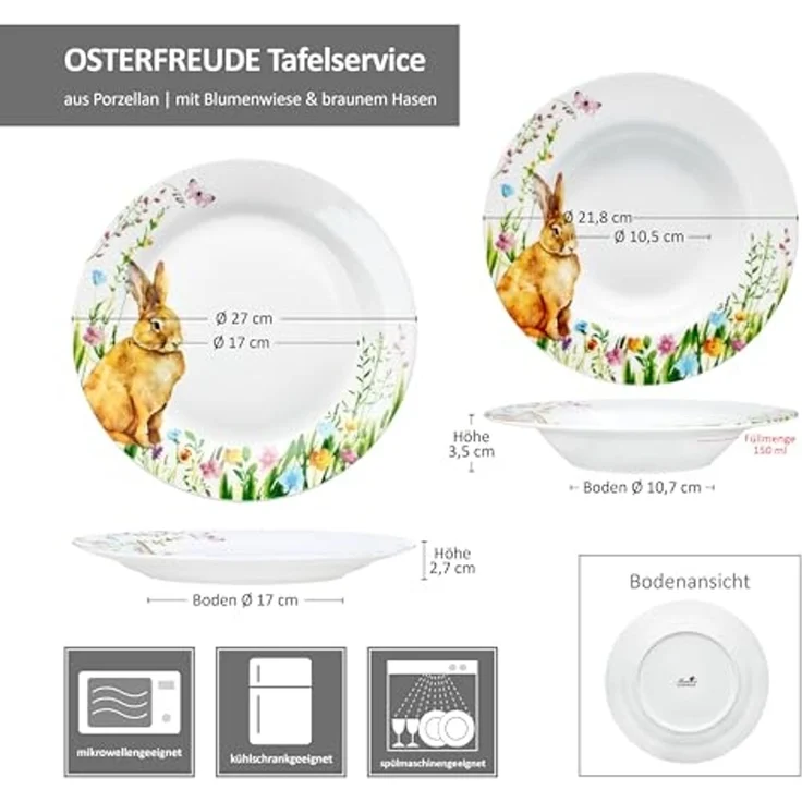 MamboCat Tafelservice 12tlg Tafelservice Osterfreude Porzellan 6 Personen Hase, Porzellan – Bild 6