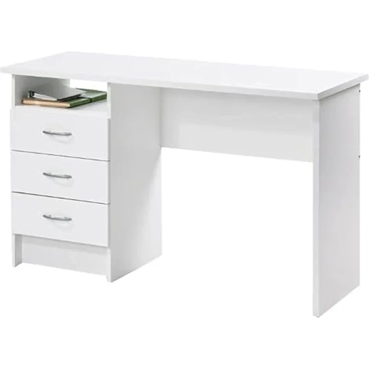 Linearer Schreibtisch mit drei Schubladen, weiße Farbe, Maße 120 x 72 x 48 cm