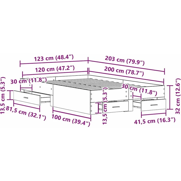 vidaXL Bettrahmen mit Schubladen Altholz 120 x 200 cm Holzwerkstoff 3333969 – Bild 10